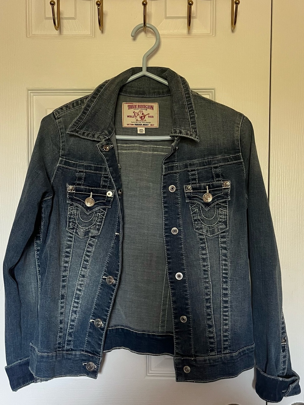 True Religion Faded Indigo Denim Jacket with Signature Pockets